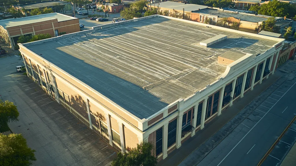 A commercial roof on a mid-rise in a location similar to New Orleans with an architectural photography aesthetic (AI image)
