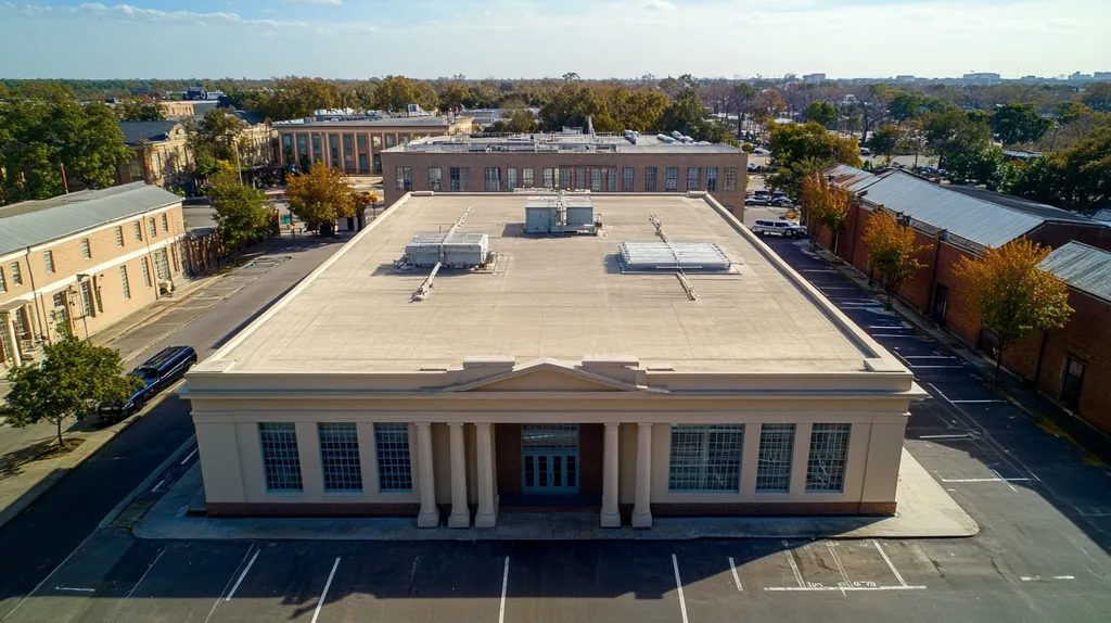 A commercial roof on a mid-rise in a location similar to New Orleans with an architectural photography aesthetic (AI image)