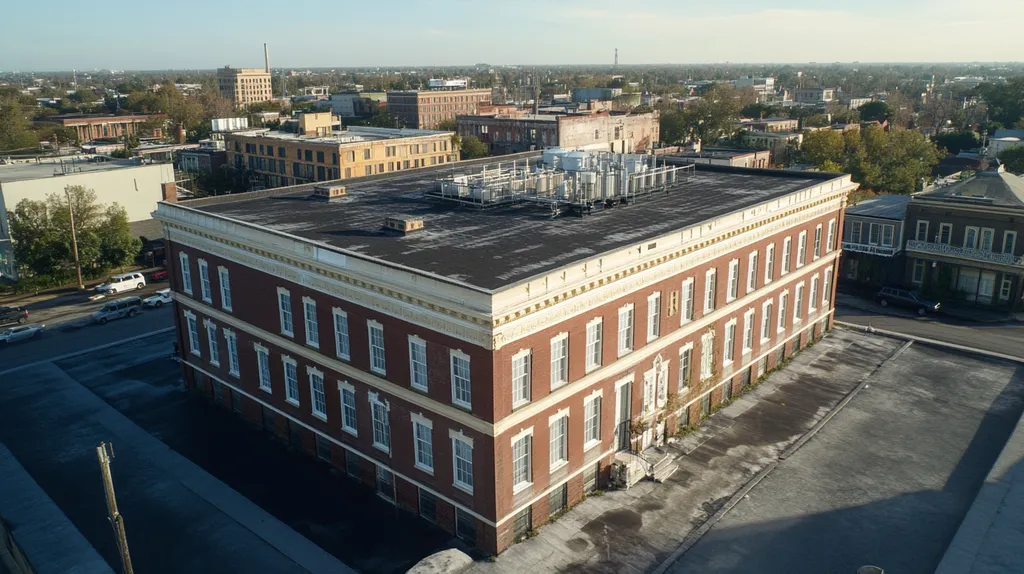 A commercial roof on a mid-rise in a location similar to New Orleans with an architectural photography aesthetic (AI image)