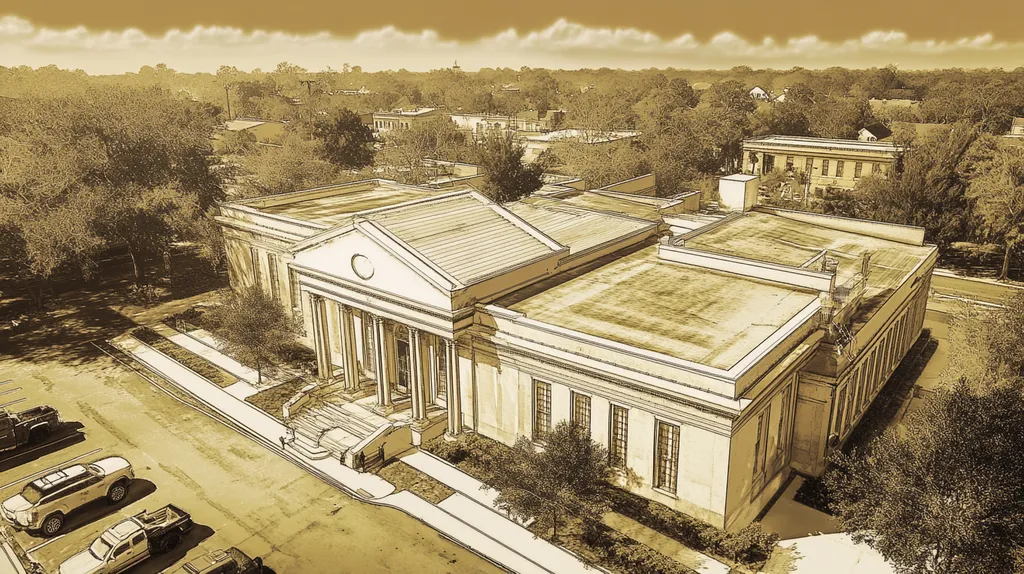 A commercial roof on a mid-rise in a location similar to New Orleans with an architectural sketch rendering aesthetic (AI image)