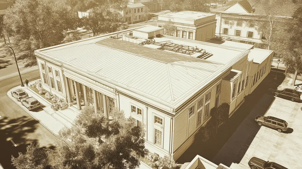 A commercial roof on a mid-rise building in a location similar to New Orleans with an architectural sketch rendering aesthetic (AI image)