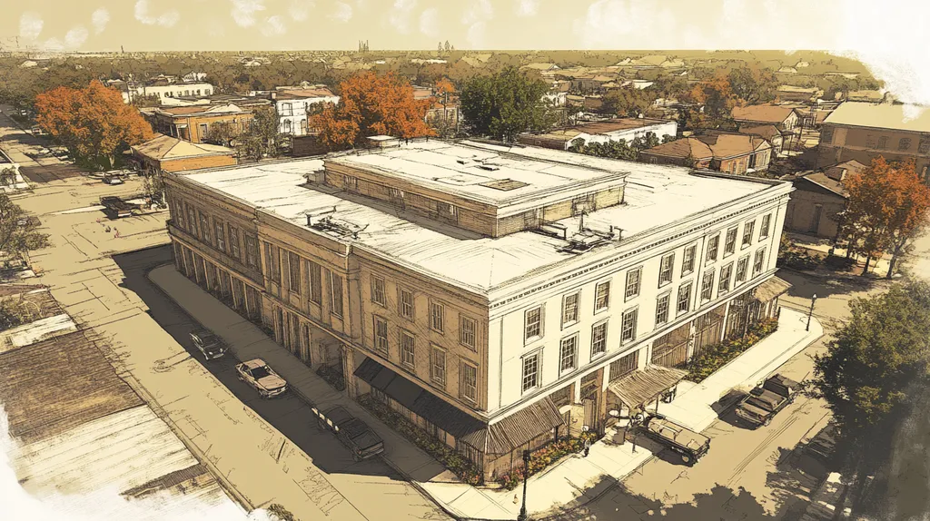 A commercial roof on a mid-rise in a location similar to New Orleans with an architectural sketch rendering aesthetic (AI image)