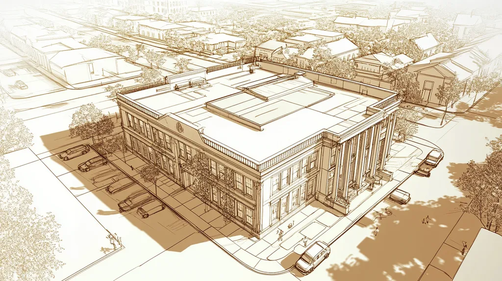 A commercial roof on a mid-rise building in a location similar to New Orleans with an architectural sketch rendering aesthetic (AI image)