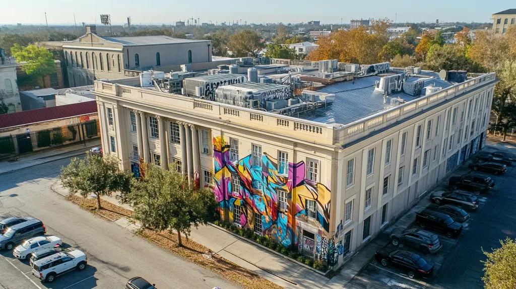 A commercial roof on a mid-rise in a location similar to New Orleans with a graffiti mural aesthetic (AI image)