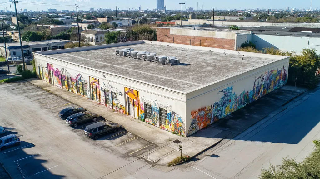 A commercial roof on a mid-rise building in a location similar to New Orleans with a graffiti mural aesthetic (AI image)