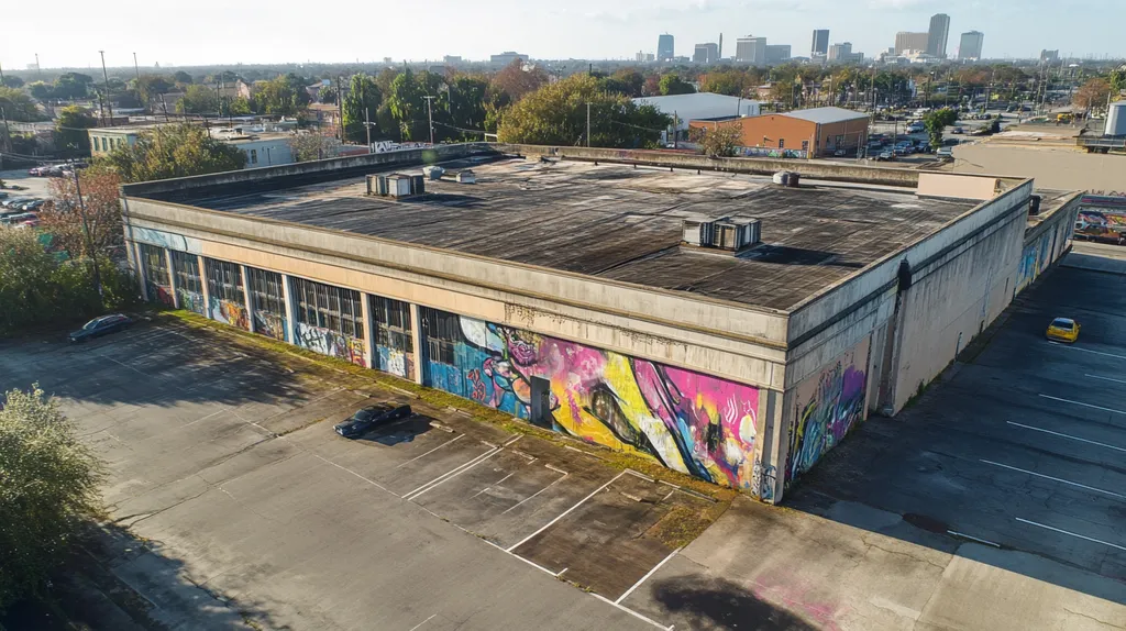 A commercial roof on a mid-rise in a location similar to New Orleans with a graffiti mural aesthetic (AI image)