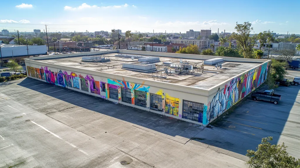 A commercial roof on a mid-rise in a location similar to New Orleans with a graffiti mural aesthetic (AI image)