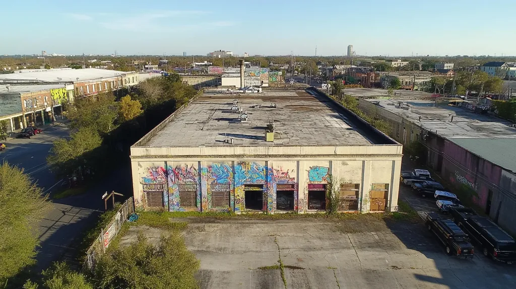 A commercial roof on a mid-rise in a location similar to New Orleans with a graffiti mural aesthetic (AI image)