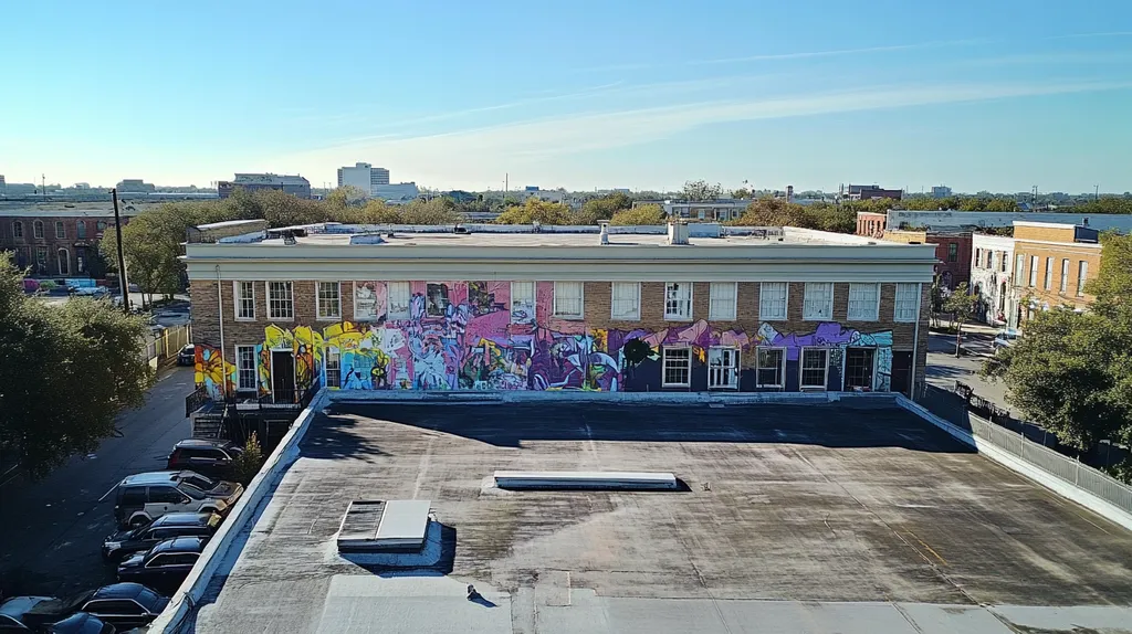 A commercial roof on a mid-rise in a location similar to New Orleans with a graffiti mural aesthetic (AI image)