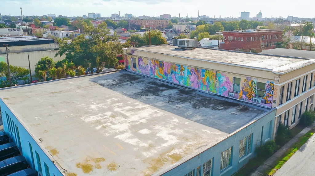 A commercial roof on a mid-rise in a location similar to New Orleans with a graffiti mural aesthetic (AI image)