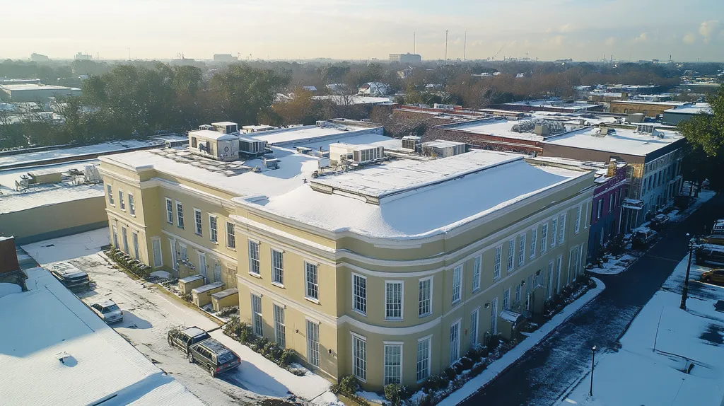 A commercial roof on a mid-rise in a location similar to New Orleans with a snowy day aesthetic (AI image)