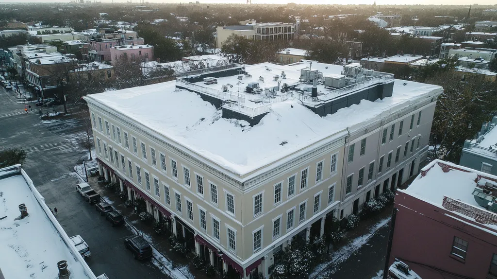 A commercial roof on a mid-rise in a location similar to New Orleans with a snowy day aesthetic (AI image)