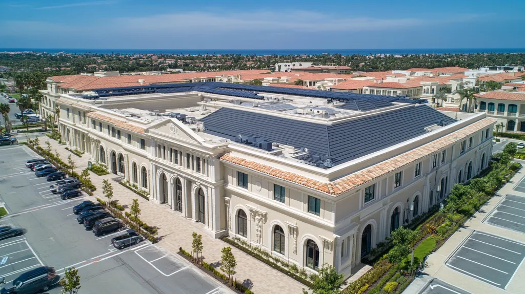 A commercial roof on a mid-rise building in a location similar to Newport Beach with a color highlight aesthetic (AI image)