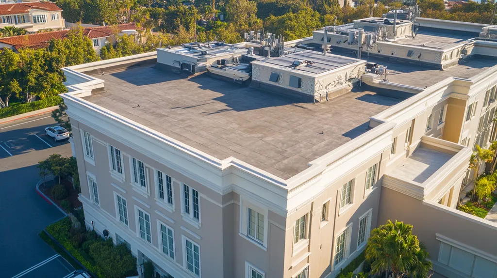 A commercial roof on a mid-rise in a location similar to Newport Beach with a color highlight aesthetic (AI image)