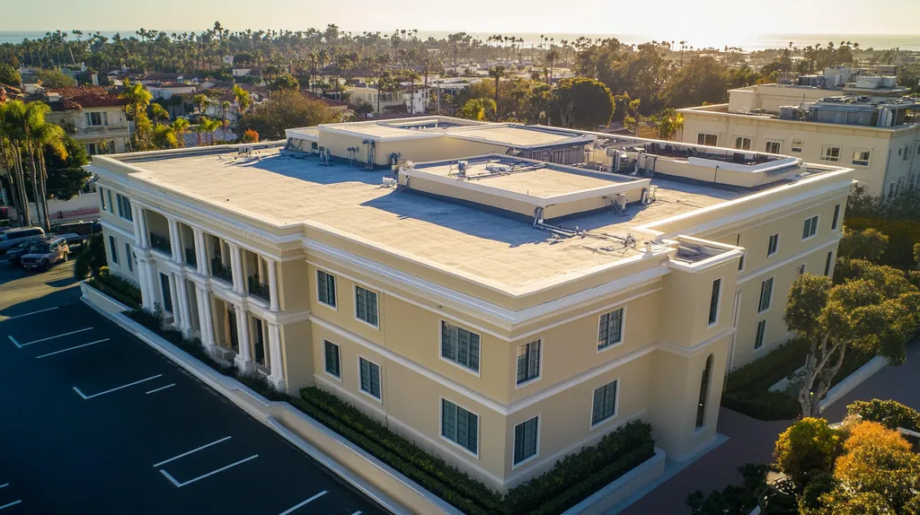 A commercial roof on a mid-rise building in a location similar to Newport Beach with a color highlight aesthetic (AI image)