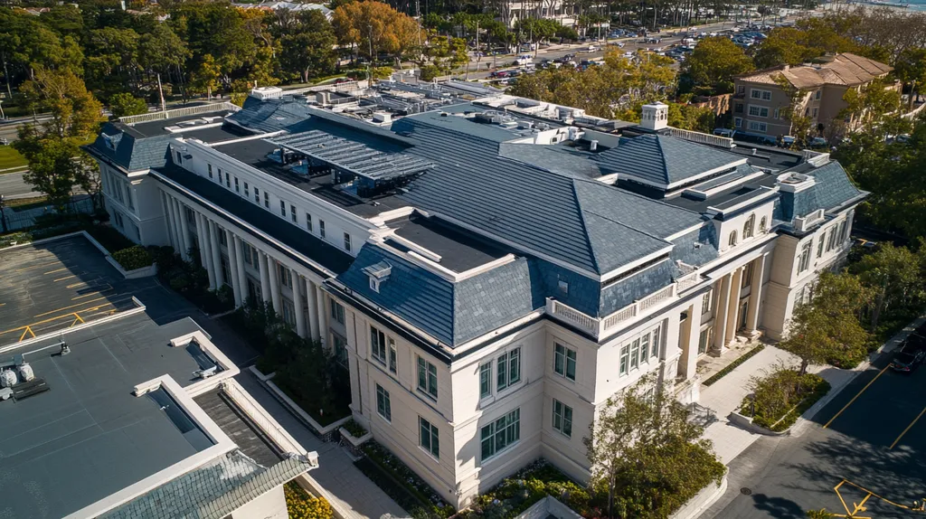 A commercial roof on a mid-rise in a location similar to Newport Beach with a color highlight aesthetic (AI image)