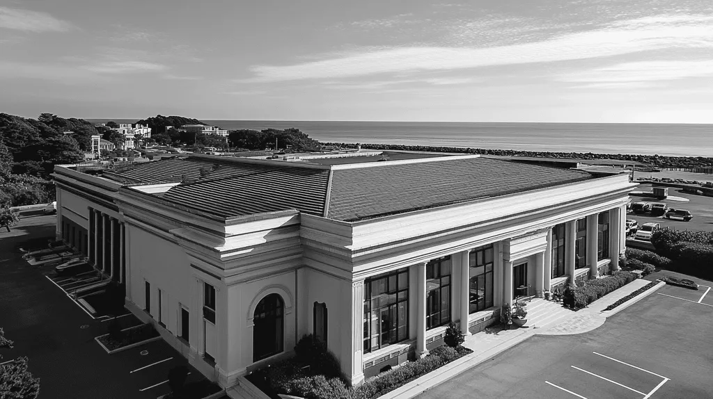 A commercial roof on a mid-rise in a location similar to Newport, Rhode Island with a black and white photography aesthetic (AI image)