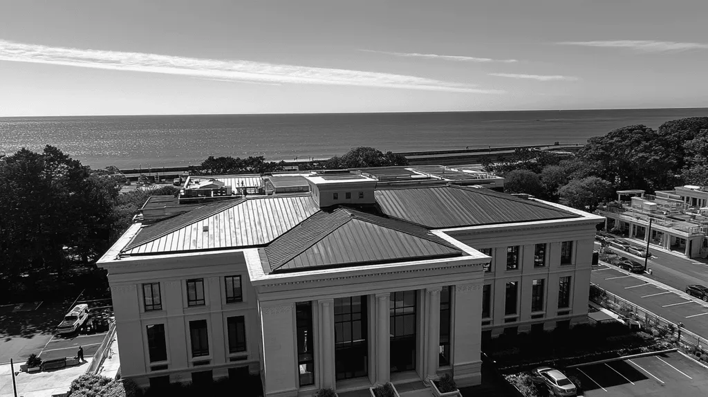 A commercial roof on a mid-rise in a location similar to Newport, Rhode Island with a black and white photography aesthetic (AI image)