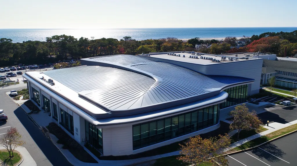 A commercial roof on a mid-rise building in a location similar to Newport, Rhode Island with a futuristic aesthetic (AI image)