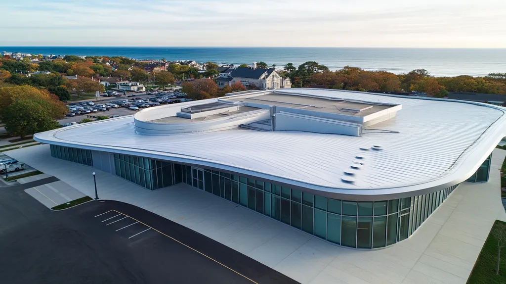A commercial roof on a mid-rise building in a location similar to Newport, Rhode Island with a futuristic aesthetic (AI image)