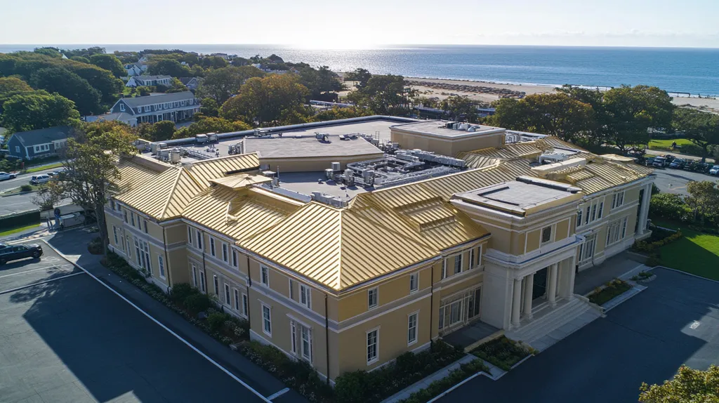 A commercial roof on a mid-rise building in a location similar to Newport, Rhode Island with a solid gold aesthetic (AI image)