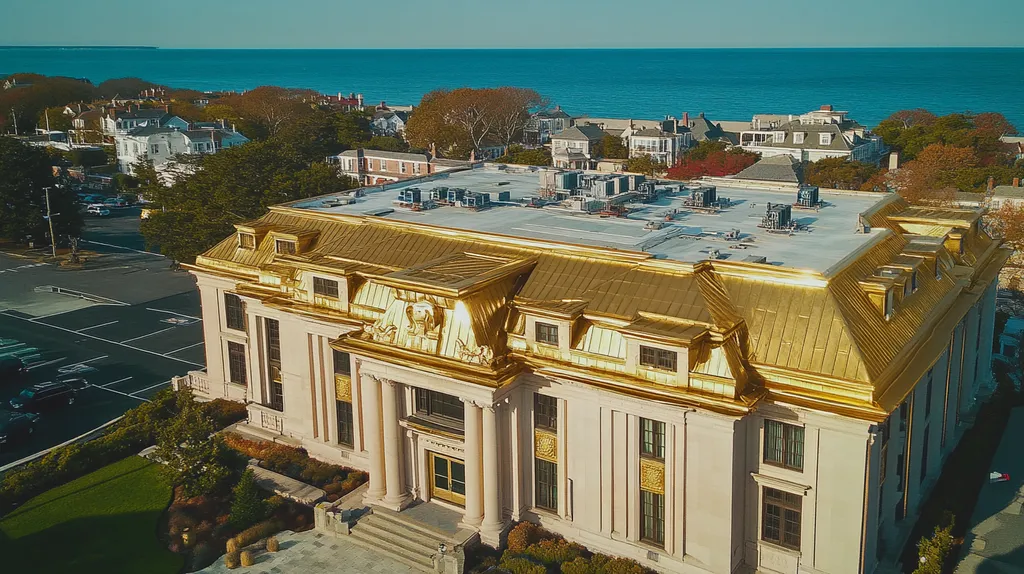 A commercial roof on a mid-rise building in a location similar to Newport, Rhode Island with a solid gold aesthetic (AI image)