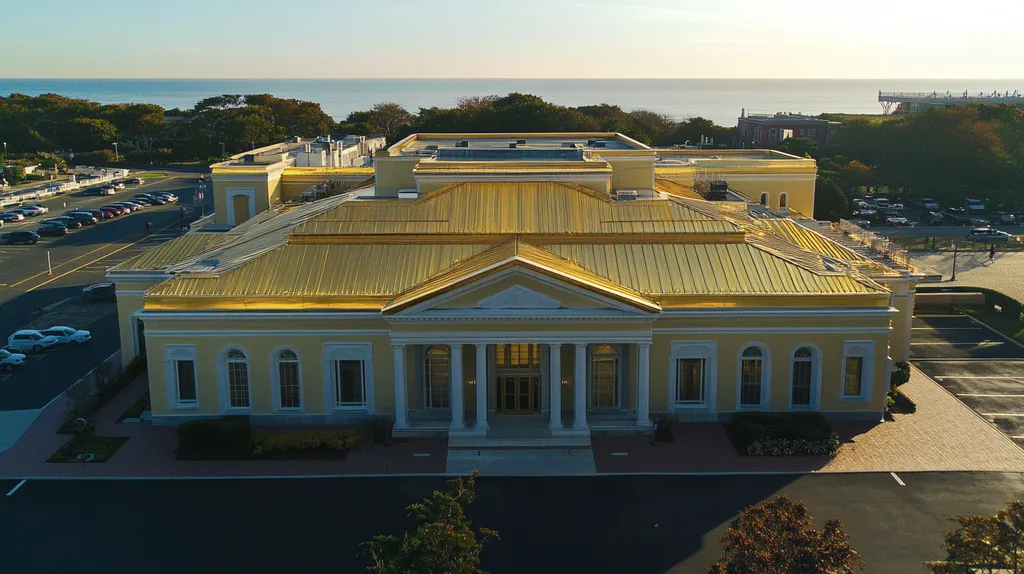 A commercial roof on a mid-rise in a location similar to Newport, Rhode Island with a solid gold aesthetic (AI image)