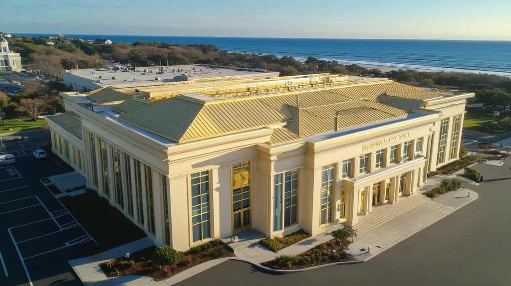 A commercial roof on a mid-rise in a location similar to Newport, Rhode Island with a solid gold aesthetic (AI image)