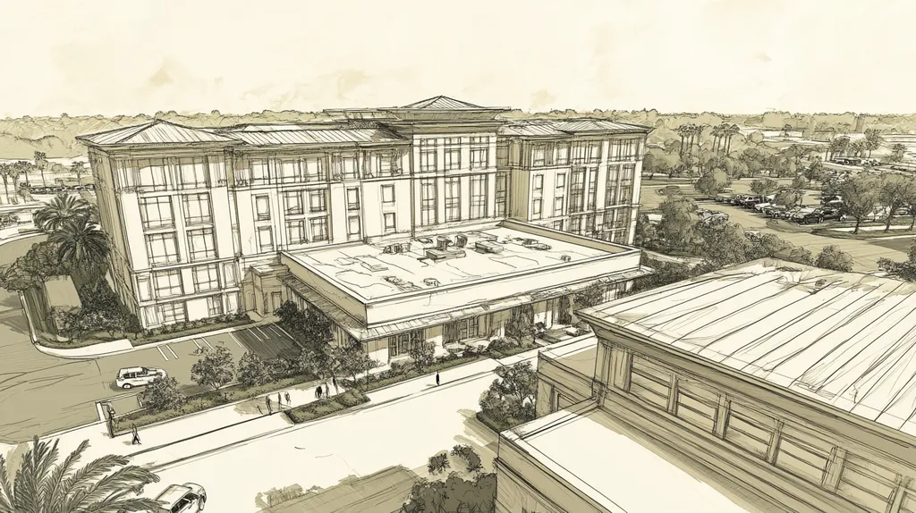 A commercial roof on a mid-rise in a location similar to Orlando with an architectural sketch rendering aesthetic (AI image)