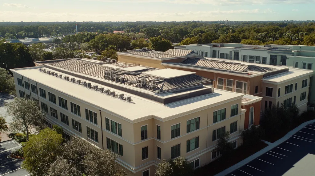 A commercial roof on a mid-rise building in a location similar to Orlando with an architectural sketch rendering aesthetic (AI image)