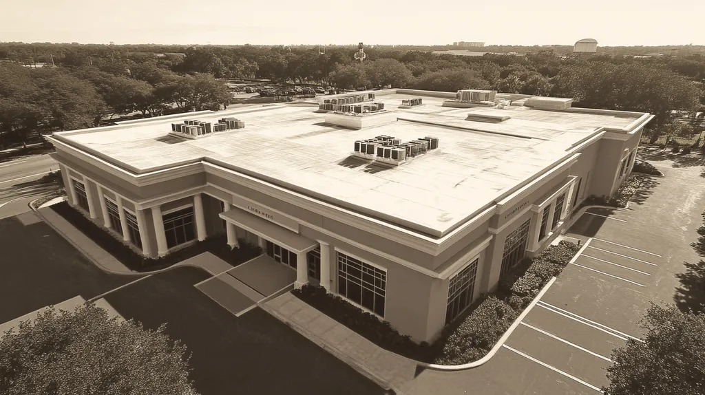 A commercial roof on a mid-rise in a location similar to Orlando with an architectural sketch rendering aesthetic (AI image)