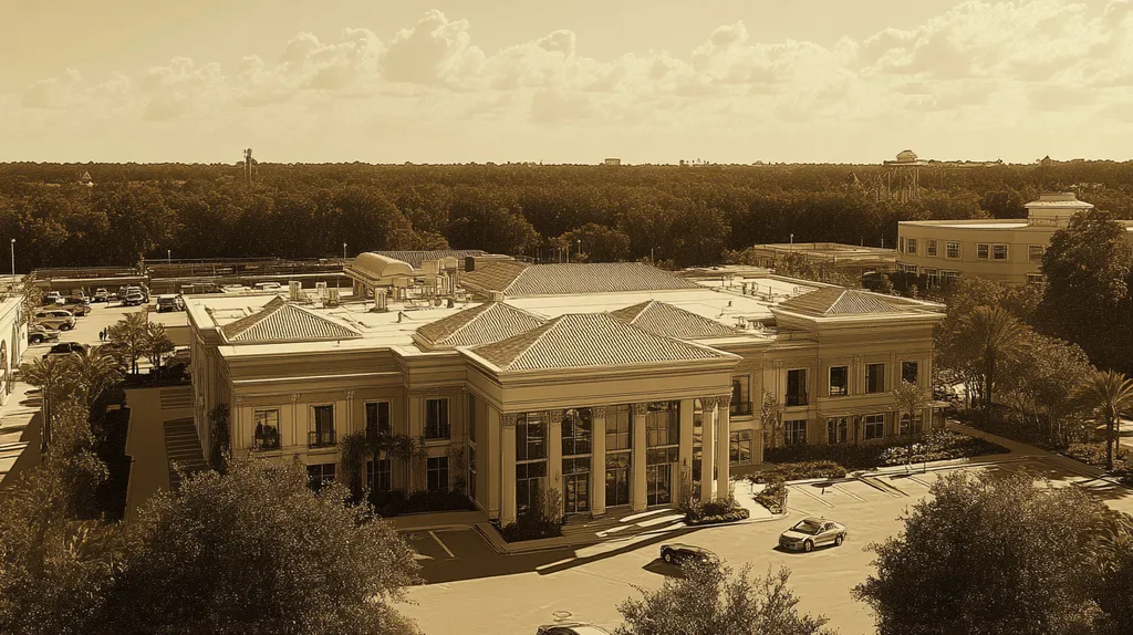 A commercial roof on a mid-rise in a location similar to Orlando with an architectural sketch rendering aesthetic (AI image)