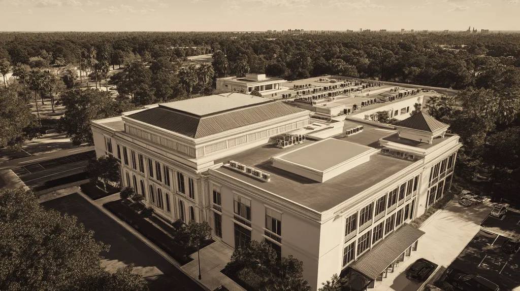 A commercial roof on a mid-rise in a location similar to Orlando with an architectural sketch rendering aesthetic (AI image)
