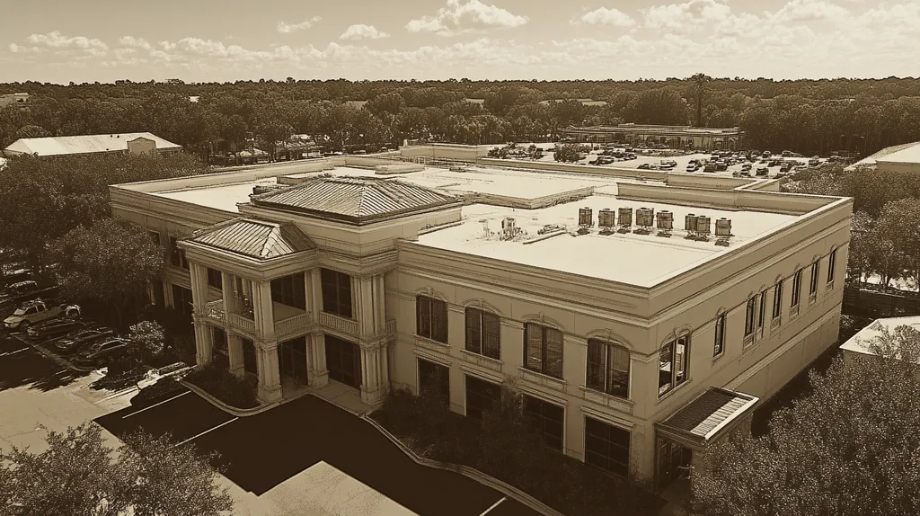 A commercial roof on a mid-rise building in a location similar to Orlando with an architectural sketch rendering aesthetic (AI image)