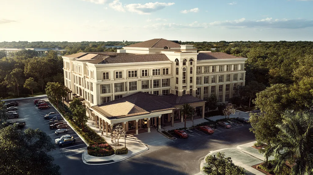 A commercial roof on a mid-rise building in a location similar to Orlando with an architectural sketch rendering aesthetic (AI image)