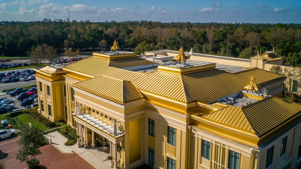 A commercial roof on a mid-rise in a location similar to Orlando with a solid gold aesthetic (AI image)