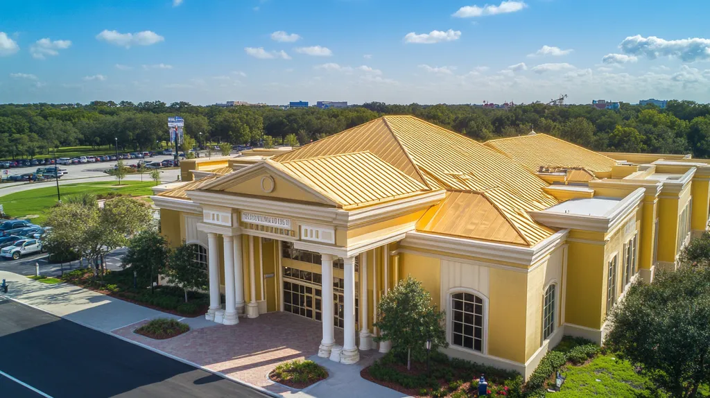 A commercial roof on a mid-rise in a location similar to Orlando with a solid gold aesthetic (AI image)