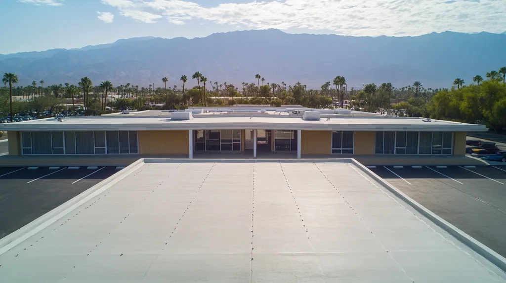 A commercial roof on a mid-rise in a location similar to Palm Springs with a color highlight aesthetic (AI image)