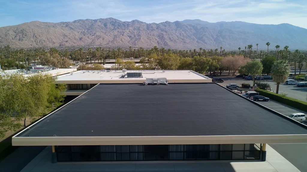 A commercial roof on a mid-rise in a location similar to Palm Springs with a color highlight aesthetic (AI image)
