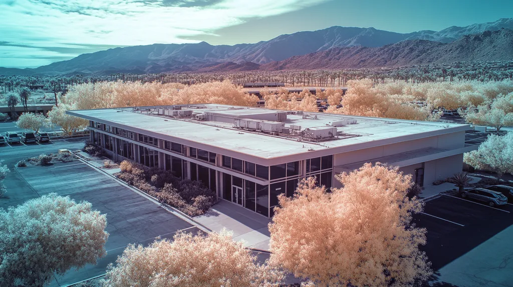 A commercial roof on a mid-rise in a location similar to Palm Springs with an infrared photography aesthetic (AI image)