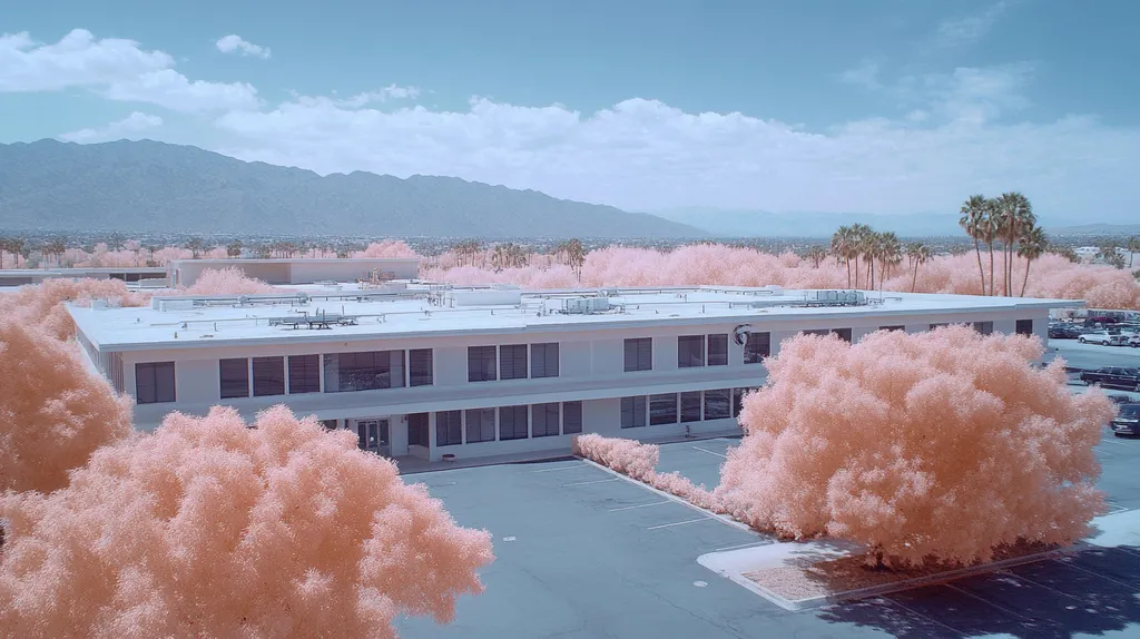 A commercial roof on a mid-rise in a location similar to Palm Springs with an infrared photography aesthetic (AI image)