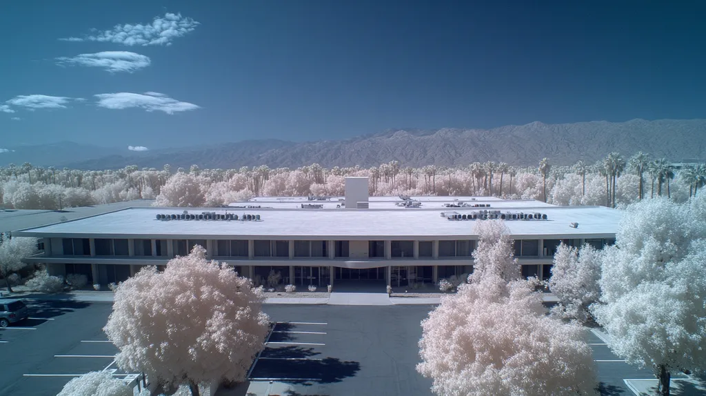 A commercial roof on a mid-rise in a location similar to Palm Springs with an infrared photography aesthetic (AI image)