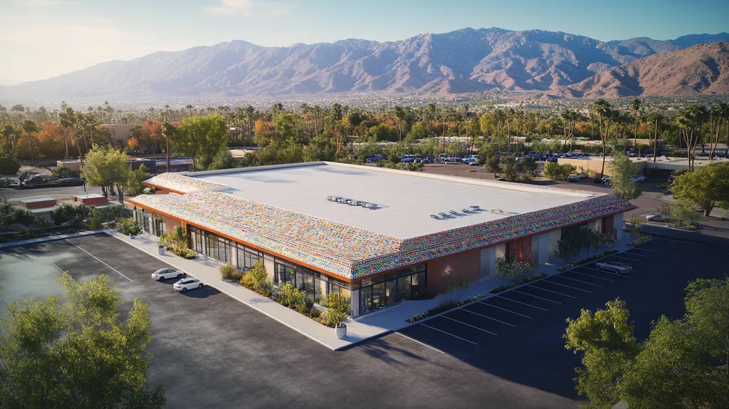 A commercial roof on a mid-rise in a location similar to Palm Springs with a mosaic tile art aesthetic (AI image)