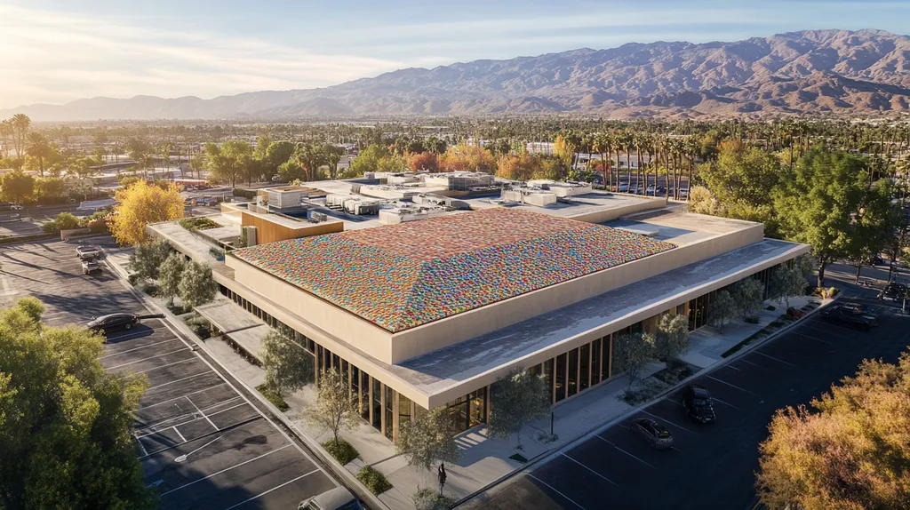 A commercial roof on a mid-rise in a location similar to Palm Springs with a mosaic tile art aesthetic (AI image)