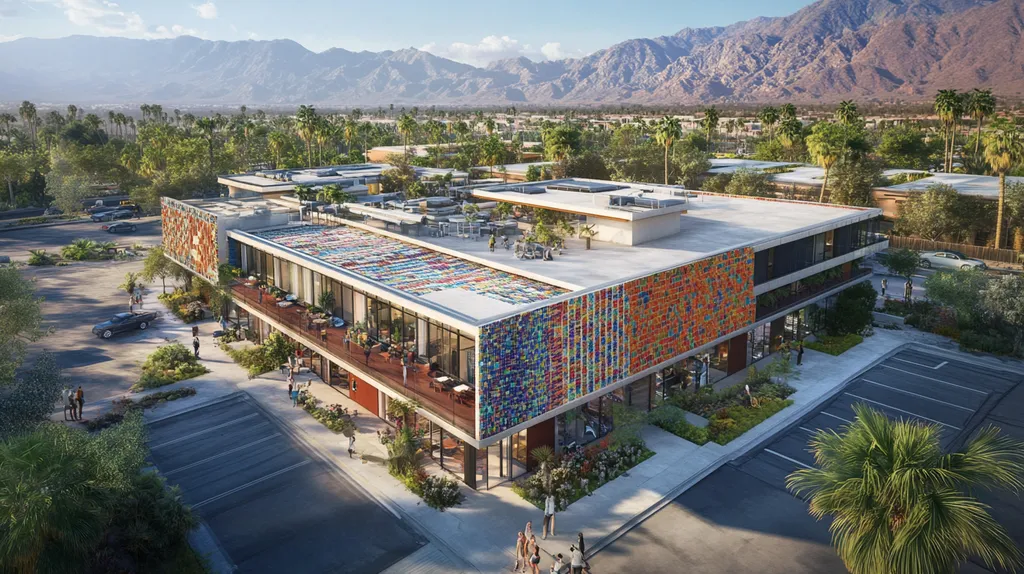 A commercial roof on a mid-rise in a location similar to Palm Springs with a mosaic tile art aesthetic (AI image)