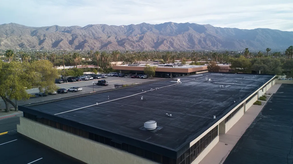 A commercial roof on a mid-rise building in a location similar to Palm Springs with a rainy day aesthetic (AI image)