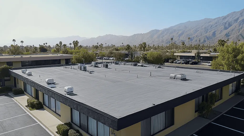 A commercial roof on a mid-rise building in a location similar to Palm Springs with an urban context aesthetic (AI image)