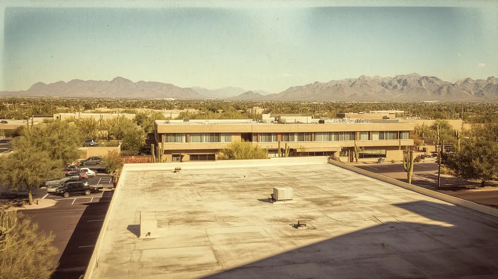 A commercial roof on a mid-rise in a location similar to Phoenix with a Polaroid aesthetic (AI image)