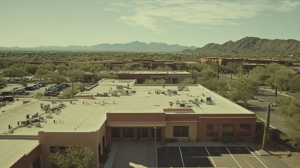 A commercial roof on a mid-rise in a location similar to Phoenix with a Polaroid aesthetic (AI image)