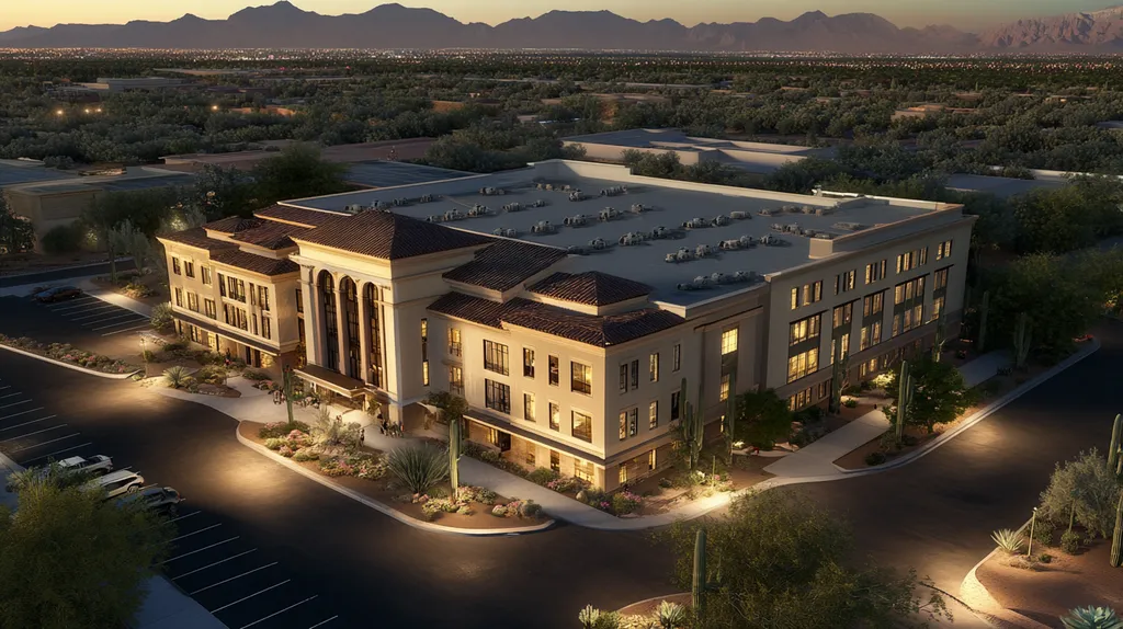 A commercial roof on a mid-rise in a location similar to Phoenix with an illuminated nightscape aesthetic (AI image)